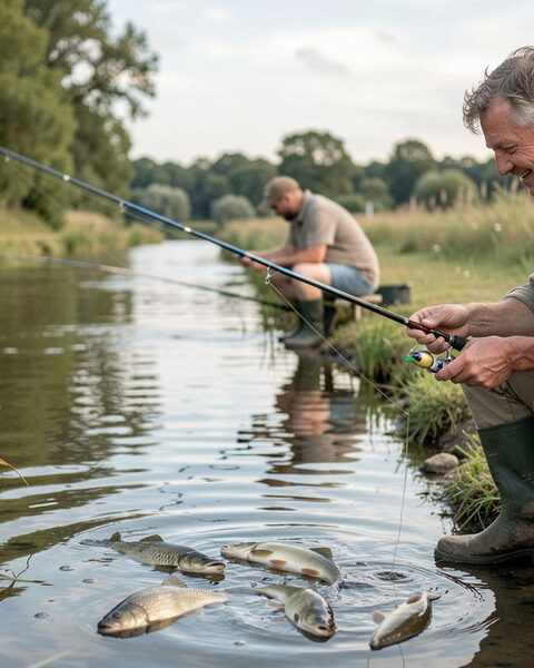 Pêcheur âgé accroupi au bord de l'eau, canne basse et épuisette posée près de lui, deux autres pêcheurs plus loin sur la même rive, eau verte et herbes hautes derrière.
