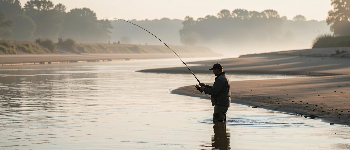 Pêcheur debout à mi-cuisse dans un grand fleuve au petit matin, canne inclinée vers l'aval, banc de sable et talus sombre à droite, brume légère au-dessus de l'eau.