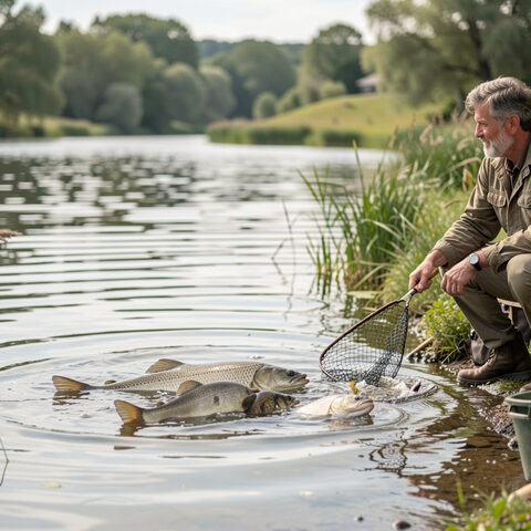 Deux pêcheurs assis côte à côte au bord d'une rivière, l'un tenant une canne et un poisson aux flancs dorés, barques amarrées en arrière-plan et ronces au premier plan.