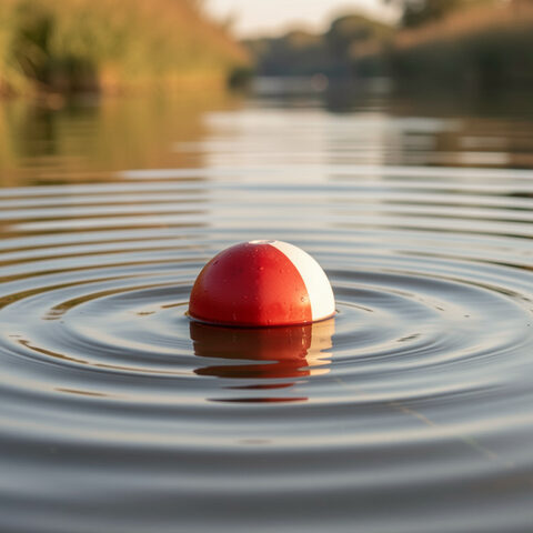 Flotteur rouge et blanc posé sur une eau sombre, cercles concentriques ouverts autour de lui, surface lisse au premier plan, reflets d'arbres à peine visibles dans un coin.