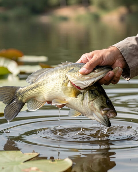 Poisson tenu verticalement devant le pêcheur, corps tassé et dos sombre, nénuphars et eau verte dans le bas du cadre, lumière tombée des arbres du bord.