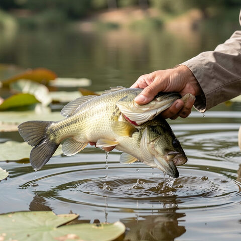 Détail recadré au carré : la main refermée sous la mâchoire du black-bass, écailles et opercule nets, feuilles rondes de nénuphar à la surface, lumière filtrée par les arbres.