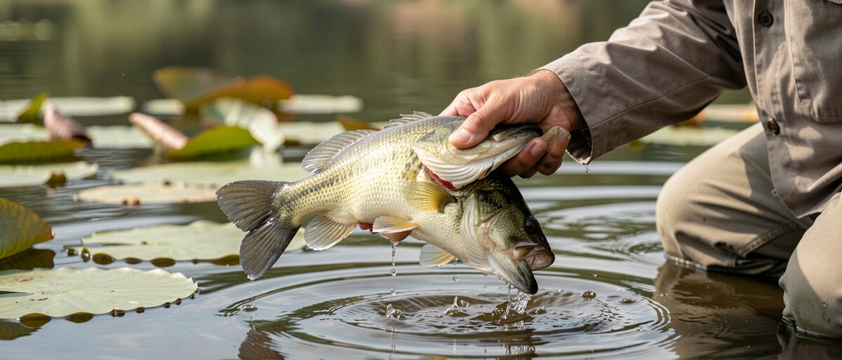 Black-bass tenu à la main juste au-dessus d'une nappe de nénuphars, gueule large et dos vert sombre, ondulations concentriques autour du poisson, saules en arrière-plan.