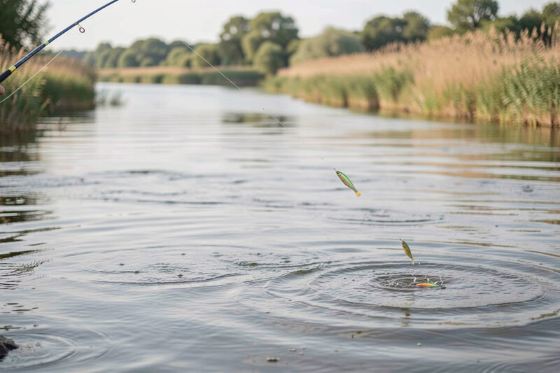 Cuillère tournante arrêtée au-dessus d'une rivière calme, fil tendu vers la rive, cercles concentriques à la surface après le passage du leurre, saules et herbes hautes en arrière-plan.