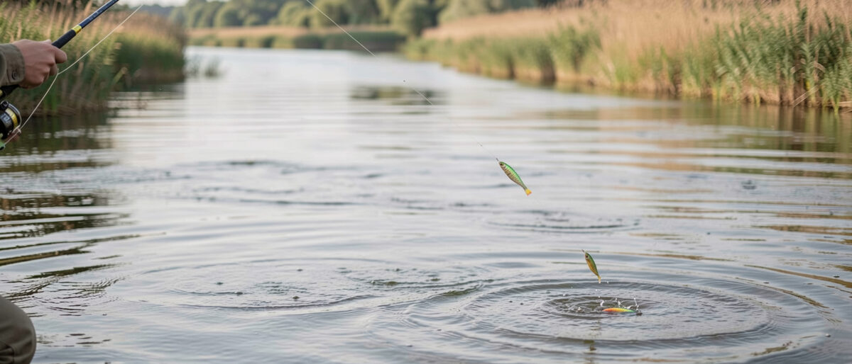 Cuillère tournante arrêtée au-dessus d'une rivière calme, fil tendu vers la rive, cercles concentriques à la surface après le passage du leurre, saules et herbes hautes en arrière-plan.