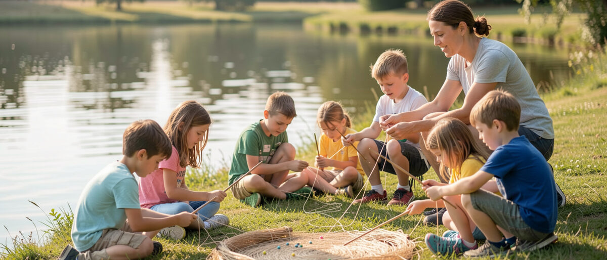 Enfants assis en demi-cercle au bord d'un plan d'eau tourangeau, guidés par un adulte qui montre un geste, épuisette posée sur l'herbe rase, lumière douce de matinée, eau verte immobile derrière le groupe.