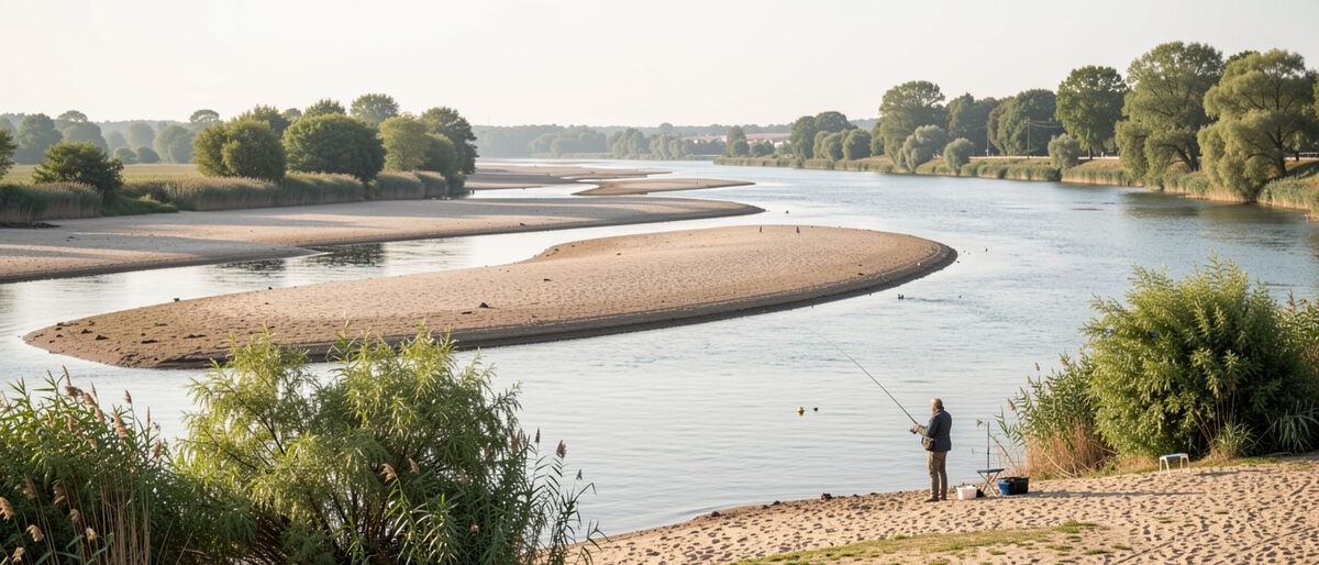 Bancs de graviers et chenal d'un bras de la Loire vus de la berge, eau verte et peu profonde sur les hauts-fonds, peupliers serrés sur l'horizon, deux pêcheurs debout dans le courant à gauche.