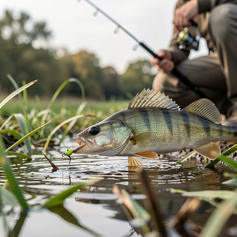 Détail recadré au carré : la perche dans la main du pêcheur, flancs zébrés de sombre et nageoire dorsale épineuse dressée, herbes du bord floues, lumière de fin d'après-midi.