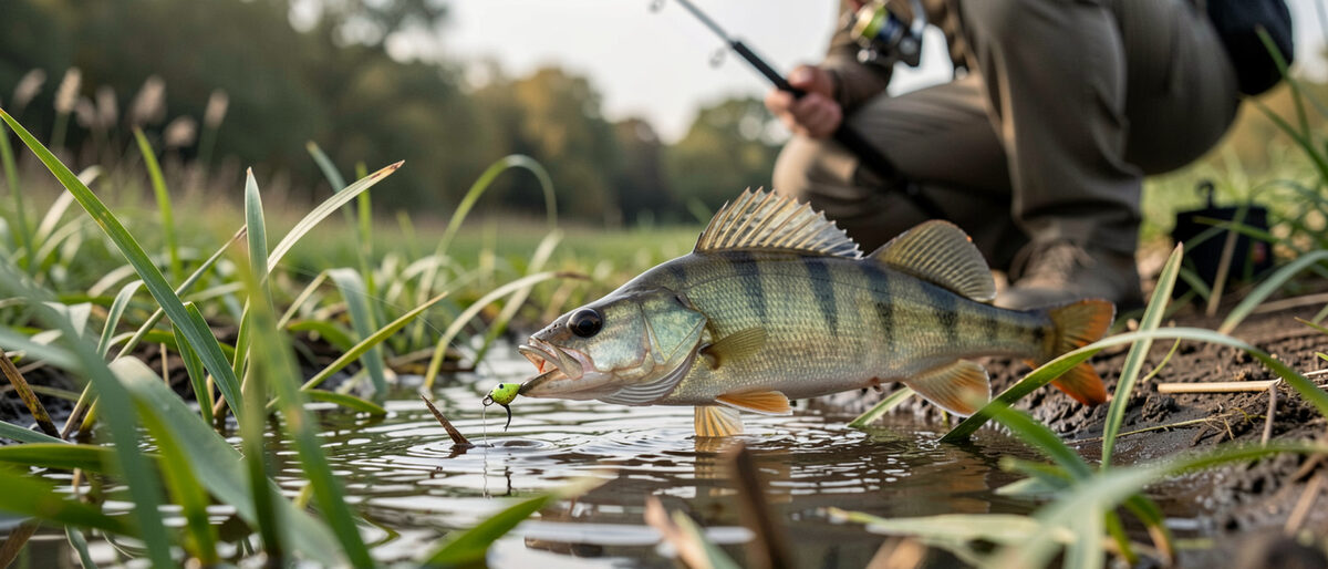 Pêcheur accroupi dans une végétation de bord, perche tenue au-dessus de l'herbe humide, nageoires dorsales relevées, silhouettes de deux autres pêcheurs au loin sur la rive opposée.