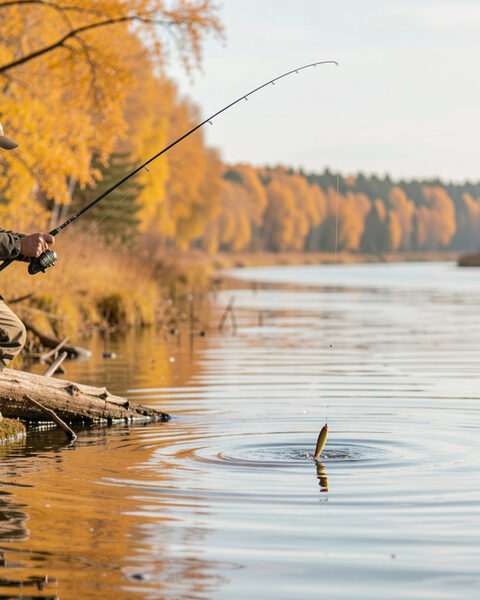 Berge d'automne vue depuis l'eau, feuillages roux au-dessus d'un courant lisse, ligne du pêcheur qui traverse le cadre et remous ouvert devant lui.