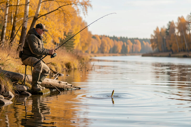 Pêcheur debout dans l'eau à mi-cuisse, arbres de berge passés au roux et au jaune derrière lui, poisson nageur posé à la surface près d'un herbier, lumière basse d'automne.
