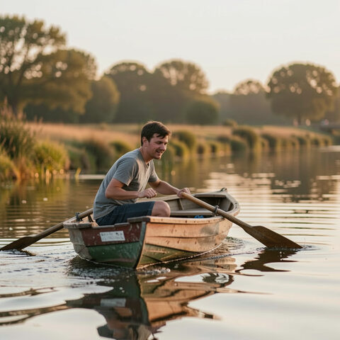 Détail recadré au carré : la rame et le bordage de la barque sous la main du pêcheur, reflets du soir sur l'eau, roseaux secs coupés nets au bord du cadre.