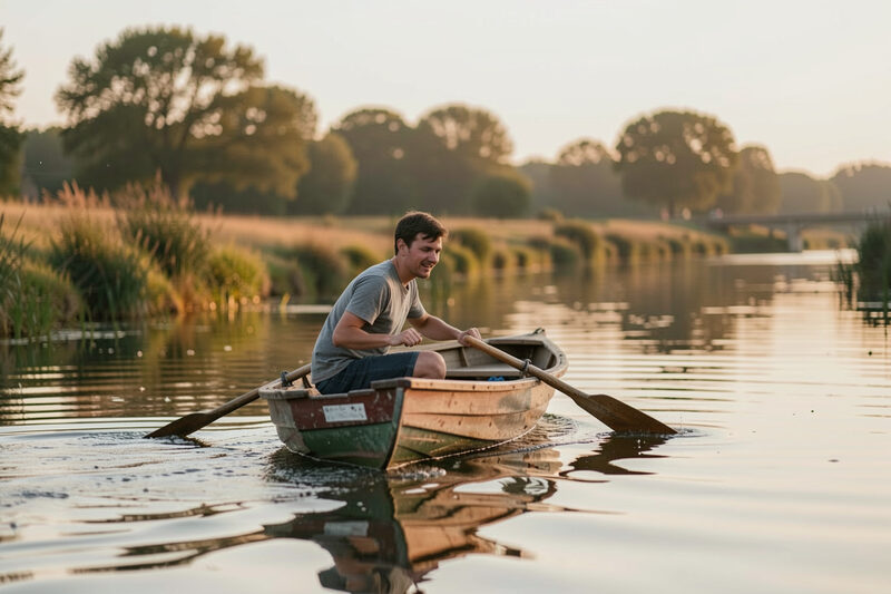 Pêcheur seul dans une barque à rames sur un cours d'eau calme de Touraine, rame tenue à la main, berges de roseaux hautes de part et d'autre, lumière rasante de fin de journée, eau sans ride.
