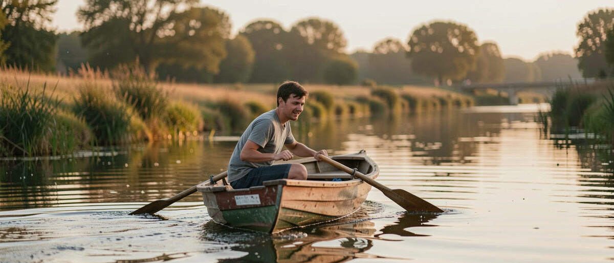 Pêcheur seul dans une barque à rames sur un cours d'eau calme de Touraine, rame tenue à la main, berges de roseaux hautes de part et d'autre, lumière rasante de fin de journée, eau sans ride.