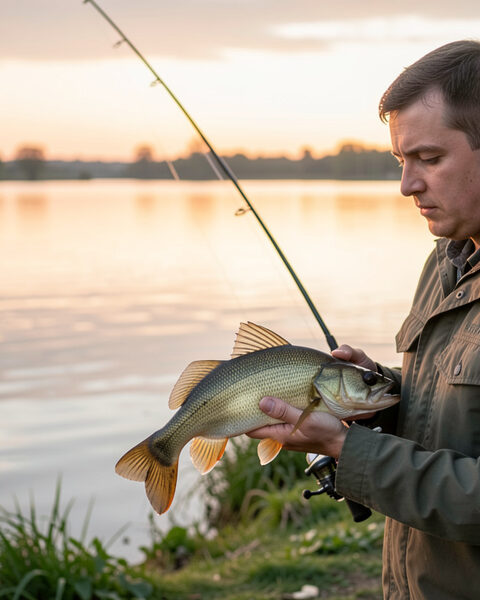 Le pêcheur vu de profil, poisson tenu contre la poitrine, regard baissé vers la surface, herbes du bord en contre-jour sous une lumière d'aube, sandre bien dégagé des mains.