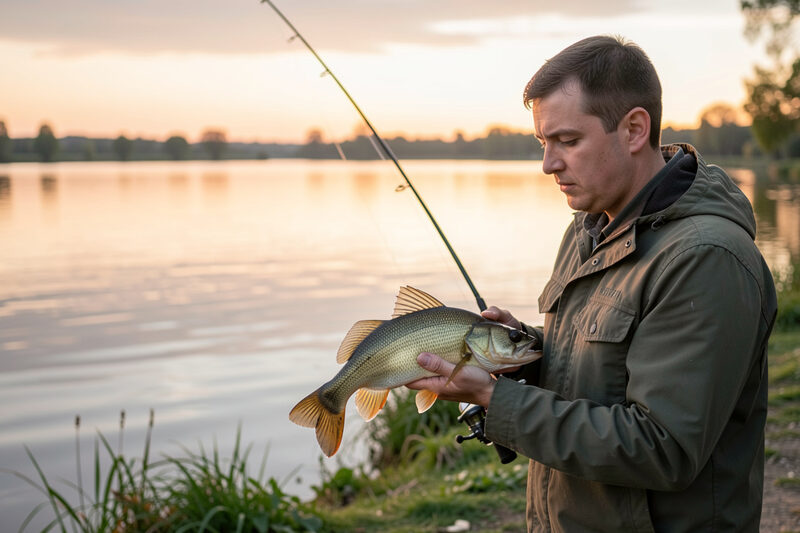 Jeune pêcheur tenant un sandre à deux mains au bord de l'eau, veste de terrain et casquette, lumière chaude de fin de journée, reflets dorés sur une rivière lente en arrière-plan.