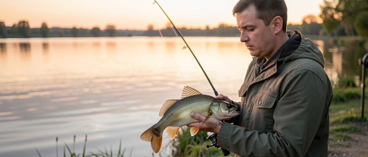 Jeune pêcheur tenant un sandre à deux mains au bord de l'eau, veste de terrain et casquette, lumière chaude de fin de journée, reflets dorés sur une rivière lente en arrière-plan.