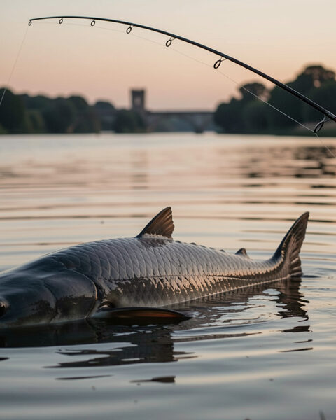 Le silure tenu à deux mains au-dessus d'une eau sombre, corps épais et dos marbré, reflets du ciel sur le fleuve, bords du cadre laissés à la lumière rasante.