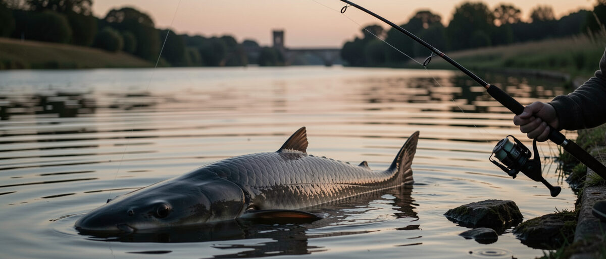 Silure de grande taille amené le long d'une embarcation, dos sombre et tête large émergeant à peine, main du pêcheur posée sur le bas de ligne, eau profonde et opaque autour du bateau.