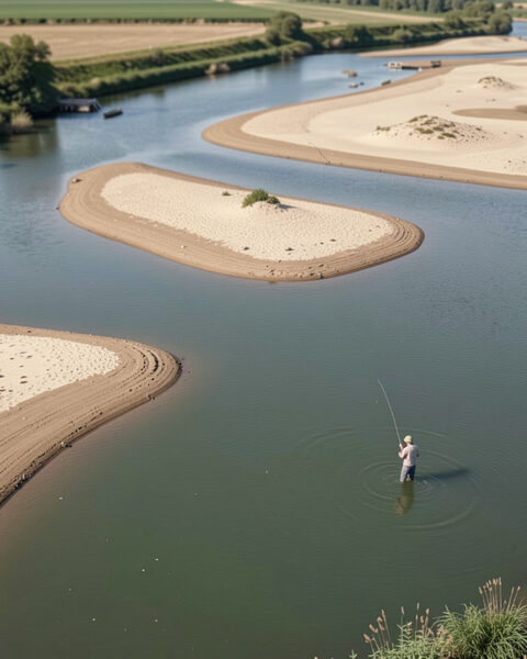 Le chenal vu de la berge : eau verte et lente, banc de sable découvert à gauche, herbes hautes à droite, peupliers alignés sur l'horizon sous un ciel couvert.