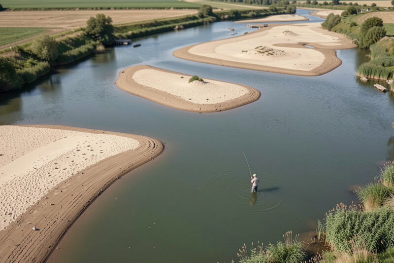 Vue haute d'un bras de la Loire entre deux îles de graviers, bancs de sable clairs et chenal vert, alignements de peupliers sur la rive droite, un pêcheur minuscule debout dans l'eau au centre.